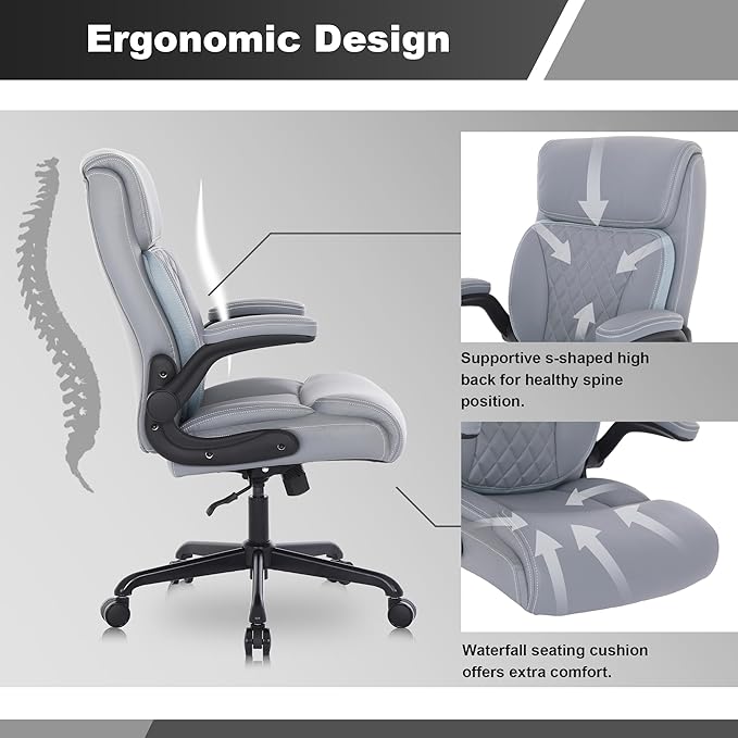 Youhauchair Executive Office Chair, Ergonomic PU Leather Computer Desk Chair with Lumbar Support, Flip-up Armrests and Adjustable Height, for Home Office, Grey