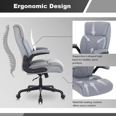 Youhauchair Executive Office Chair, Ergonomic PU Leather Computer Desk Chair with Lumbar Support, Flip-up Armrests and Adjustable Height, for Home Office, Grey