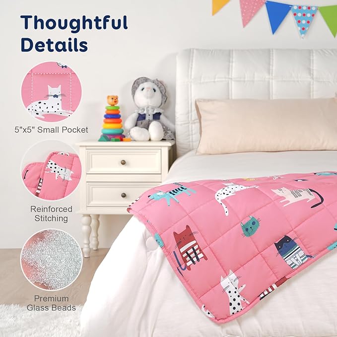Kivik Soft Weighted Lap Blanket 2 lbs, Small Weighted Lap Pad, Breathable Heavy Throw Blankets for School Calming & Bed Sleeping, Machine Washable, 20 x 30 Inches, Cute Cat Printing, Pink
