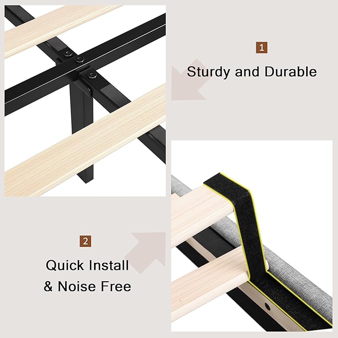 Full Size Bed Frame, Upholstered Platform Bed Frame with Charging Station, Modern Wingback Storage Headboard, Solid Wood Slats Support, No Box Spring Needed, Dark Grey