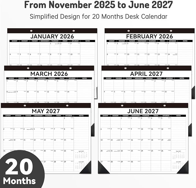 Forvencer Desk Calendar 2026, 20 Months Calendar, Nov. 2025-Jun. 2027, 14" x 11" Wall Calendar 2026 Monthly Planner with Plastic Cover & Stickers & Thick Paper for Office Home School Supplies