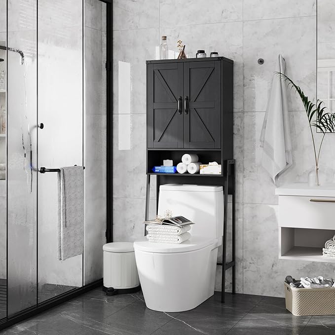 Over The Toilet Storage Cabinet with 2-Door Design Bathroom Organizers and Storage with Anti-Tip Device Over Toilet Organizer with Shelves for Bathroom,Restroom,Laundry Black