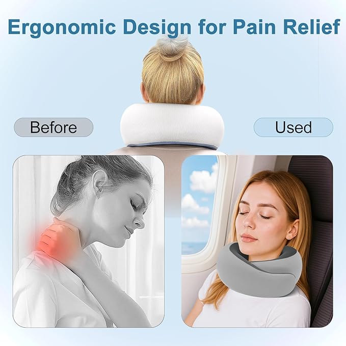Neck Pillow for Traveling,Travel Neck Pillow for Airplanes,Cooling Fabric&100% Pure Memory Foam,Neck Pain Relief,Ergonomic Support for Long Flight(Gray, Standard Size-(Broad Fit))