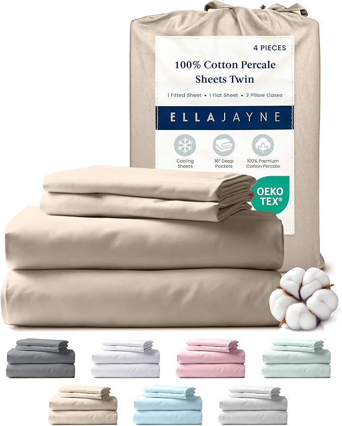 Ella Jayne Percale Sheets Twin (3 Pieces) Permium 100% Cotton Percale TC300, Hotel Luxury Collection, Deep Pockets and Cooling Twin Sheets Set Breathable Cotton Percale (Sand)