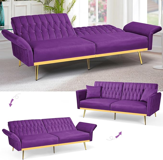 70” Velvet Futon Sofa Bed with 2 Pillows and Adjustable Armrests, Convertible Sleeper Bed W/Adjustable Backrests, Modern Loveseat for Living Room, Bedroom, Purpel