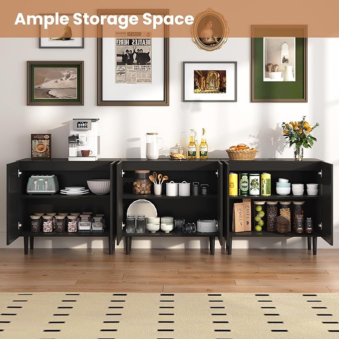 CHUWELL Farmhouse Storage Cabinet Set of 3, 94.5" Buffet Cabinet with 6 Doors and Adjustable Shelf, Sideboard Coffee Bar with Solid Wood Feet for Kitchen,Dining Room,Living Room,Black
