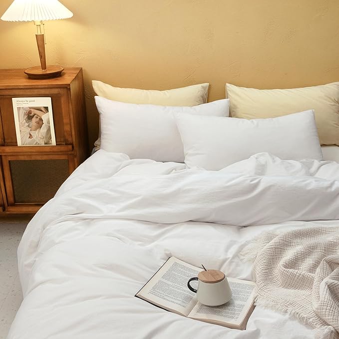 FOSSA Duvet Cover Set 100% Washed Cotton Linen Feel Super Soft Breathable Cozy 3 Pieces Bedding Sets Solid Off White Super King