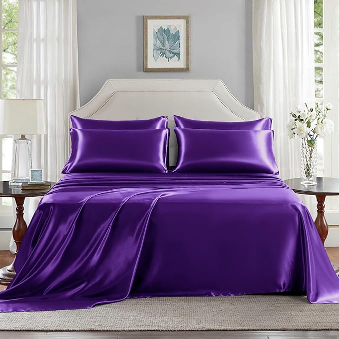 Satin Sheets Queen Size - 6 Pieces Luxury Silky Soft Bed Sheets, Wrinkle-Free Dark Purple Satin Silk Sheet Set with 1 Deep Pocket Fitted Sheet, 1 Flat Sheet, 4 Pillow Cases