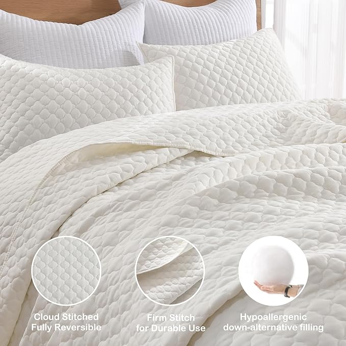 HORIMOTE HOME Cream Quilt King Size, Lightweight Quilt for Summer Ultra-Soft Microfiber Modern Style Quilted Clouds Pattern Bedspread Quit Set 3 Pieces (1 Quilt and 2 Pillow Shams)