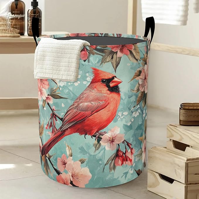 Vintage Cardinal Bird Laundry Basket, Flowers Oxford Cloth Laundry Hamper With Handle Foldable Portable Clothes Storage Basket Storage Bag For Laundry Room/Bathroom/Bedroom/Dormitories