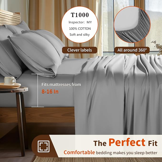 LBRO2M 1000 Thread Count 100% Egyptian Cotton Sheets Set 6 Piece Sets Queen Bed Sheet Deep Pocket Sheet Set 16" Soft Comfortable All Season (Queen, Gray) LBRO2MBedding