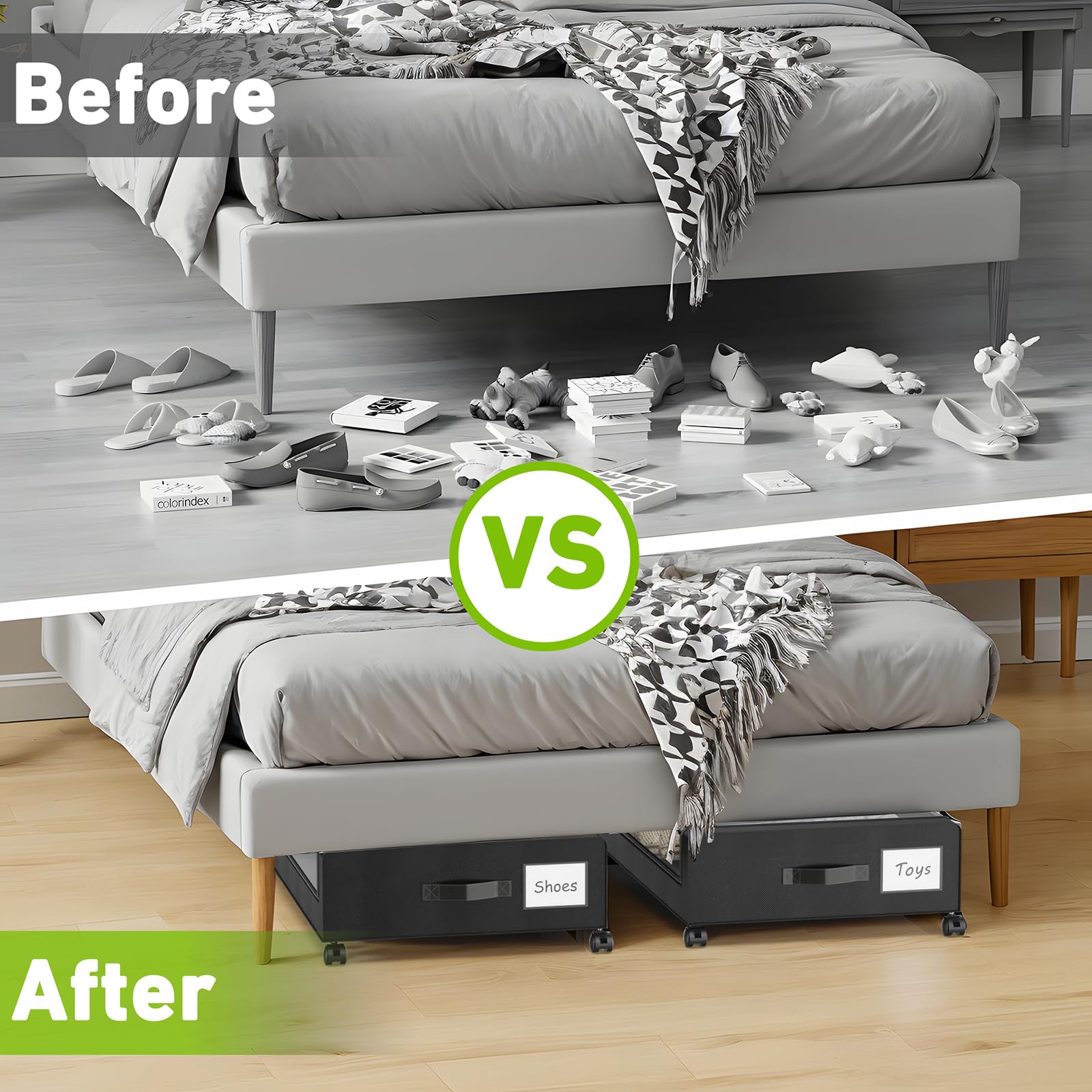 YAASHEEN Under Bed Storage with Wheels, 2-Pack Under the Bed Storage Containers with Clear Lids & Label, Underbed Storage Bins, XXL 60L Rolling Metal Drawer for Clothes, Shoes, Toys, Books - Black Dormly