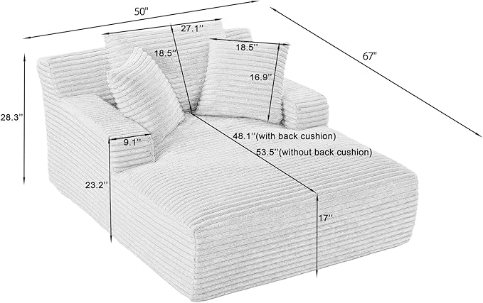 50 Inch Chaise Lounge Chair Indoor, Oversized Corduroy Upholstered Boneless Sofa Bed, Deep Seat Sleeper Couch Reading Chairs, Cloud Sofas Couches for Living Room, No Assembly Required (Pink)
