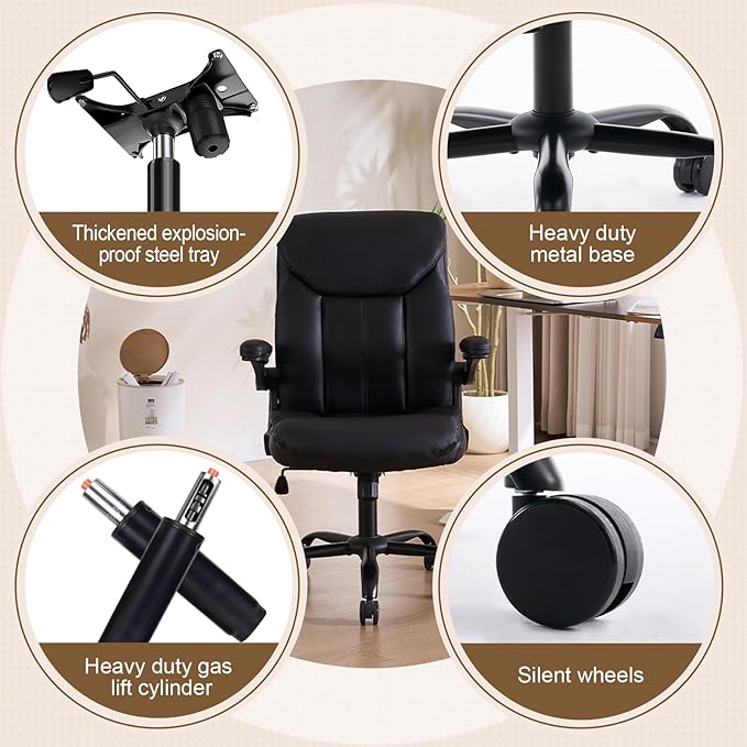 Office Chair, Ergonomic Computer Chair with Flip-up Arms Home Desk Chairs Comfy PU Leather Executive Mid Back Support Adjustable Height Tilt Lock Swivel Rolling Wheels, Black