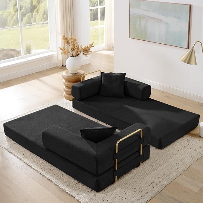 Antetek Convertible Futon Sofa Bed, 3-Seater Modern Corduroy Foam Floor King Size Bed Fold Out Sleeper Lounge Loveseat Sofa Couch with 2 Throw Pillows for Living Room Bedroom Guest Room, Black