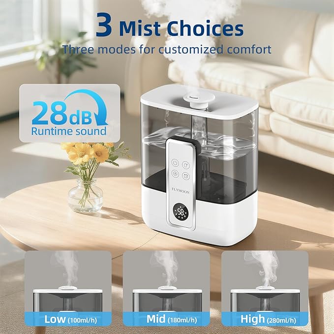 Flymoon 5L Quiet Mist Humidifier for Bedroom Large Room, Air Humidifier for Baby & Plants, Top Fill, 28dB, 3 Mist Levels, 12H Timer, App Control, White