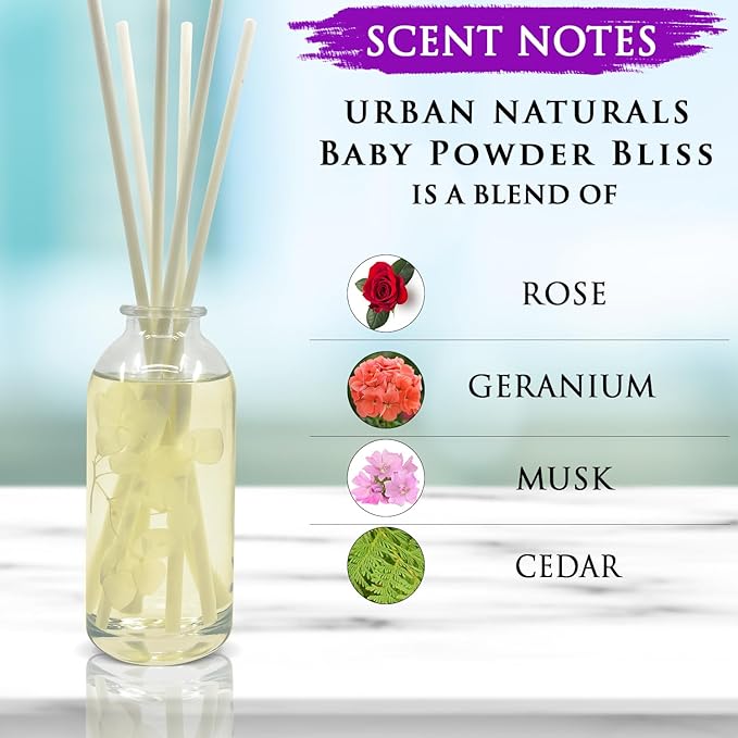 Urban Naturals Baby Powder Bliss Reed Diffuser Set | Made with Essential Oils & Real Botanicals | Powdery Floral Notes, Rose, Geranium, Musk & Cedar | Makes a Great Gift | Made in The USA