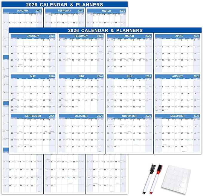 22.7" x 34.72" 2026 Wall Calendar, Folded Wet & Dry Erase Wall Calendar 12 Month, Yearly Laminated Wall Calendars, Reversible Annual Planner, Horizontal/Vertical, with Julian Dates
