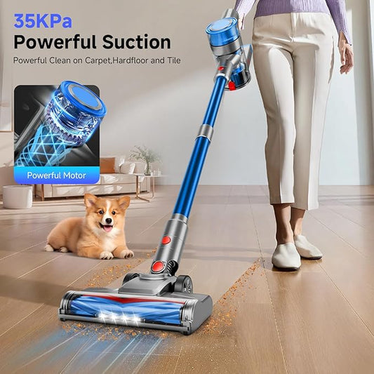Cordless Vacuum Cleaner, Powerful Stick Vacuum Cleaner for Home with Rechargeable Battery, 6-in-1 Lightweight Handheld Vacuum, 45 Mins Runtime for Hardfloor & Carpets Pet Hair (Blue)