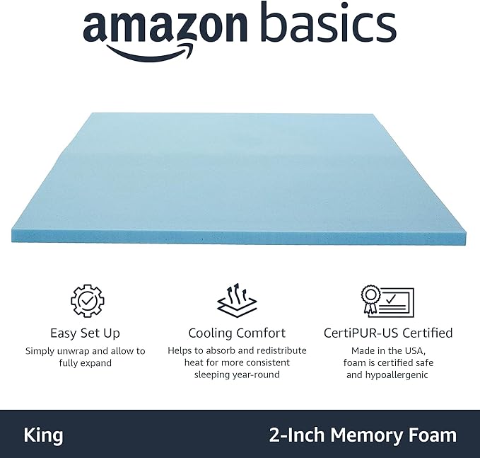 Amazon Basics King Mattress Topper, Cooling Gel-Infused, CertiPUR-US Certified, 2 Inches, Blue