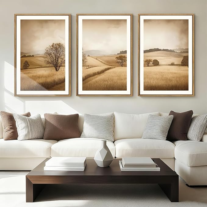 BINCUE Framed Countryside Wall Art Rustic Village Wall Decor Farmhouse Landscape Art Print for Living Room Bedroom Office 16x24 Inches Set of 3