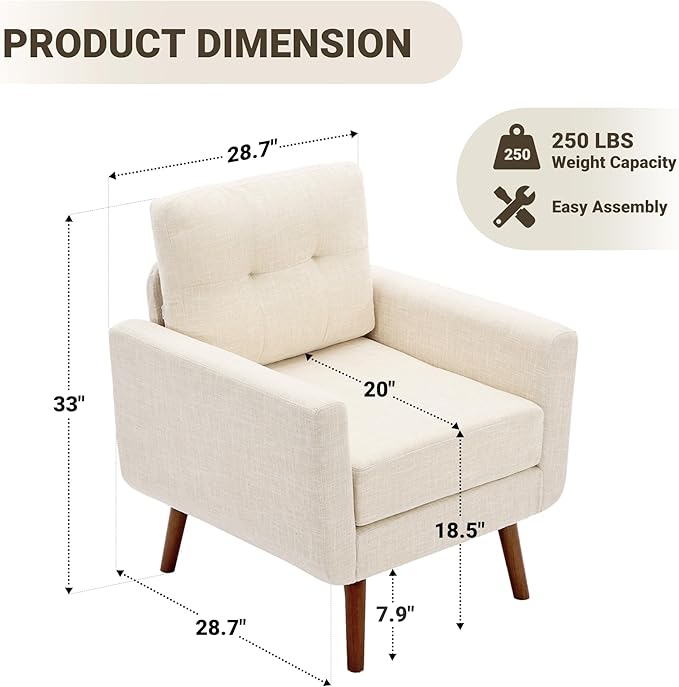 Tbfit Linen Fabric Single Sofa, Accent Chair, Mid Century Modern Armchair for Living Room, Bedroom Button Tufted Upholstered Comfy Reading Sofas, Beige