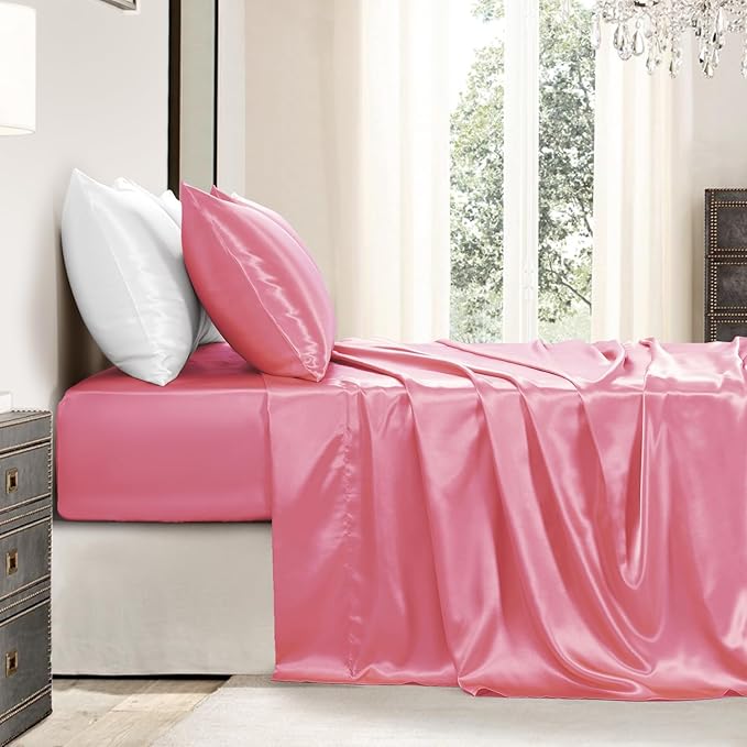 Satin Sheets Queen Size - 4 Pieces Luxury Silky Soft Bed Sheets, Wrinkle-Free Pink Satin Silk Sheet Set with 1 Deep Pocket Fitted Sheet, 1 Flat Sheet, 2 Pillow Cases