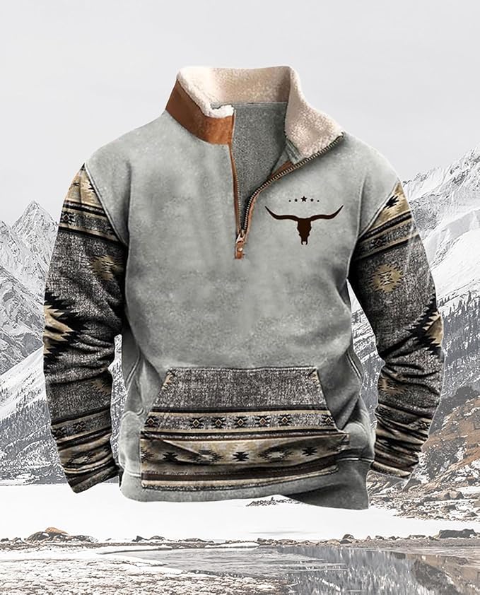 Western Sweatshirts for Men Aztec Cowboy Vintage Graphic Fleece Hoodie Mens Quarter Zip Pullover Country Jacket