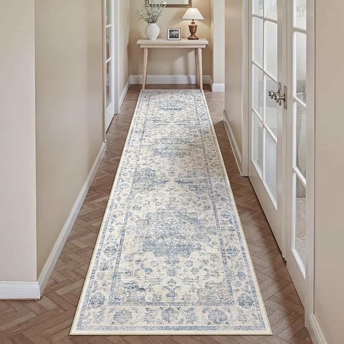 3x12 Washable Neutral Runner Rug Blue Vintage Hallway Kitchen Carpet Non-Slip Soft Low Pile Floral Throw Rug for Bedroom Bathroom Laundry Living Room