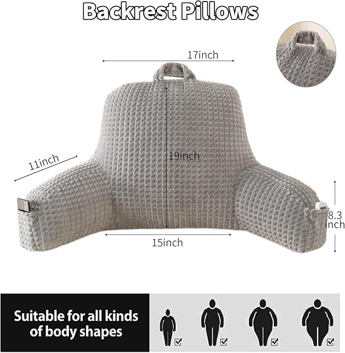Reading Pillow for Sitting in Bed, Large Backrest Reading Pillow with Arm Rest,Back-Rest Support Cushion for Sit Up on Couch, Sofa, and Floor, Dorm Essentials (Grey Flannel, Standard(17inch))