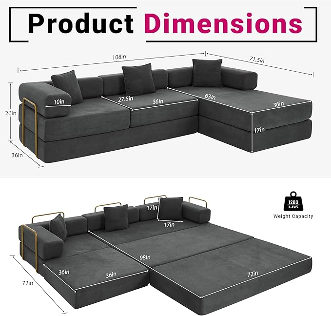 108" Oversized Convertible Sleeper Sofa Bed, Corduroy L Shape Sectional Couch, Folding Sofa Bed with Fixed-Shape Frame, Modern Cloud Floor Mattress Couch, Modular Sofa for Living Room, Grey