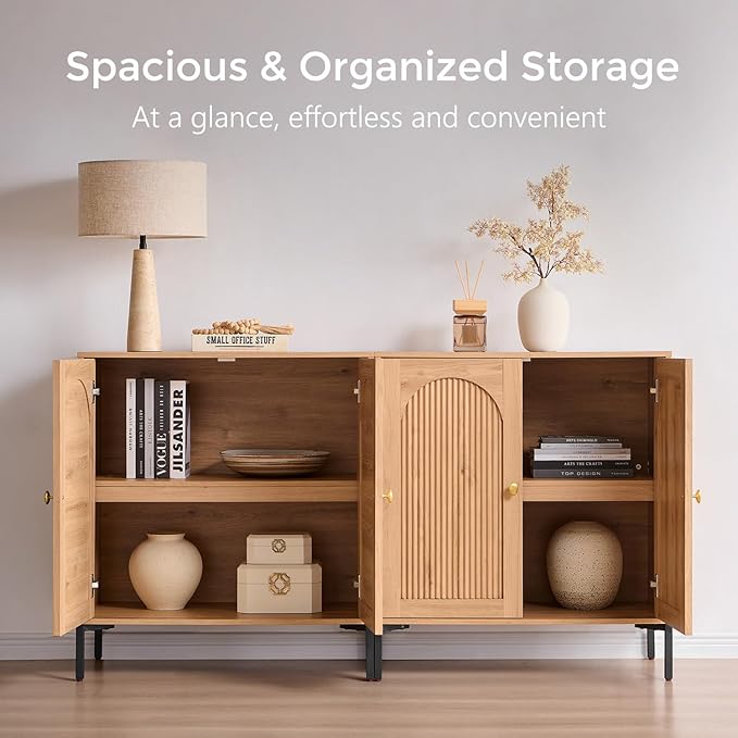Bathroom Cabinet with Storage, 34" Tall Fluted Arched Free Standing Floor Cabinet w/Adjustable Shelves, Modern Sideboard Cabinet for Bathroom, Kitchen, Living Room, Entryway, Natural