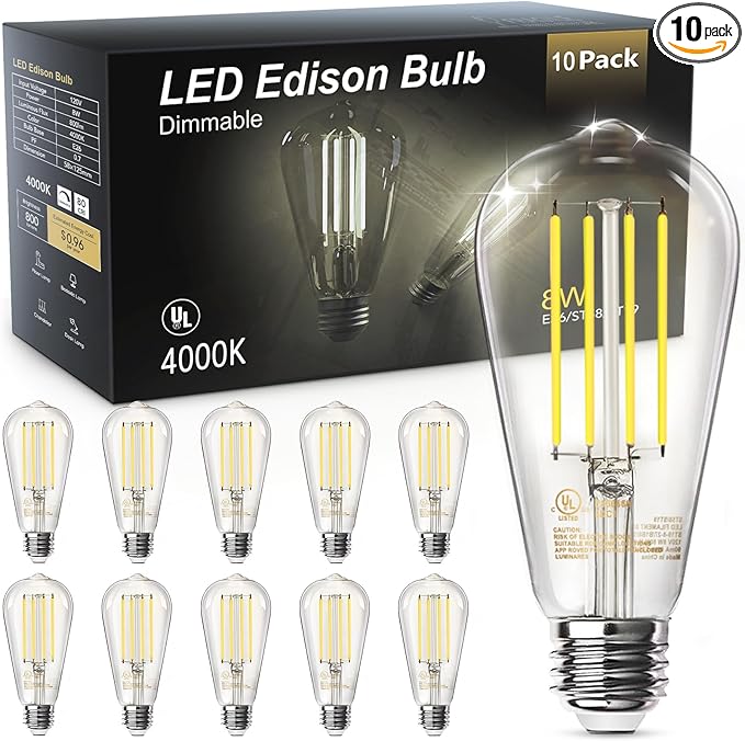 TJOY 10 Pack E26 Base Vintage LED Edison Light Bulbs, 60W Equivalent Dimmable, 4000K Natural White, 8W ST58 LED Filament Bulbs, 800Lumens, CRI80+, Antique Glass Style for Home, Bedroom, Farmhouse