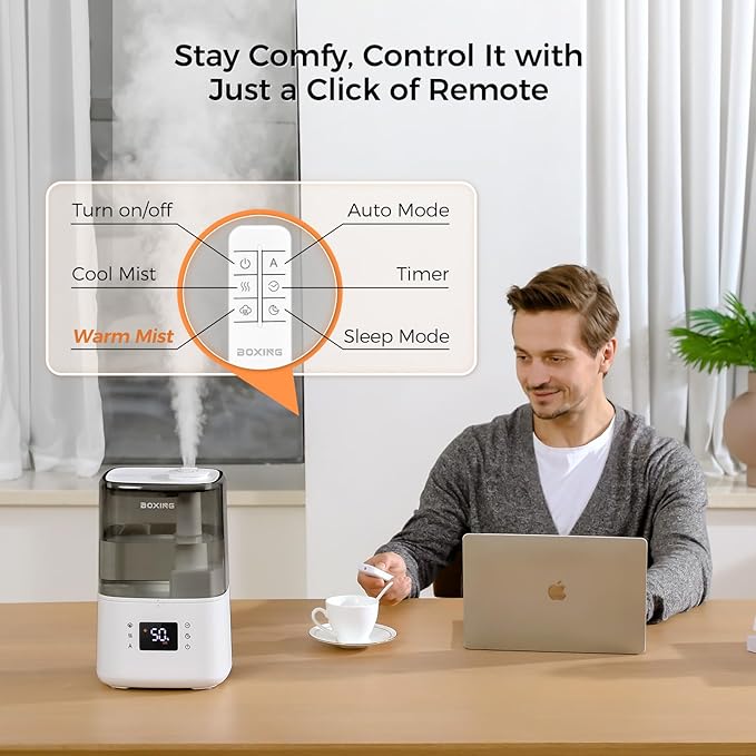 BOXING Warm and Cool Mist Humidifiers for Bedroom Large Room Home,Air Humidifier with Remote,Top Fill Ultrasonic Diffuser Humidifier with humidistat,Quiet Sleep,Timer,Auto Shutoff,BPA-Free,Filter,4.5L