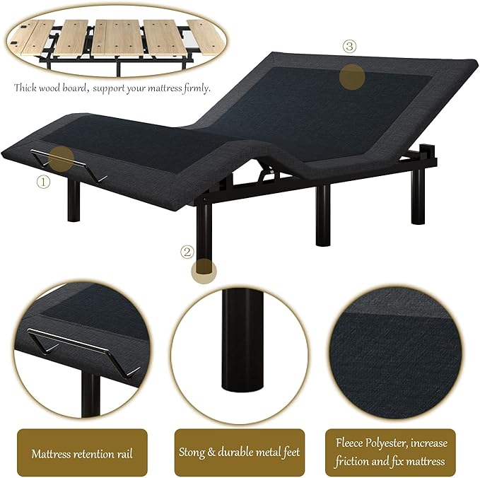 SHA CERLIN Split King Size Adjustable Bed Base/Bed Frame with Motorized Head and Foot Incline,Zero-Gravity,Wireless Remote,Wood Board Support (Only Base)