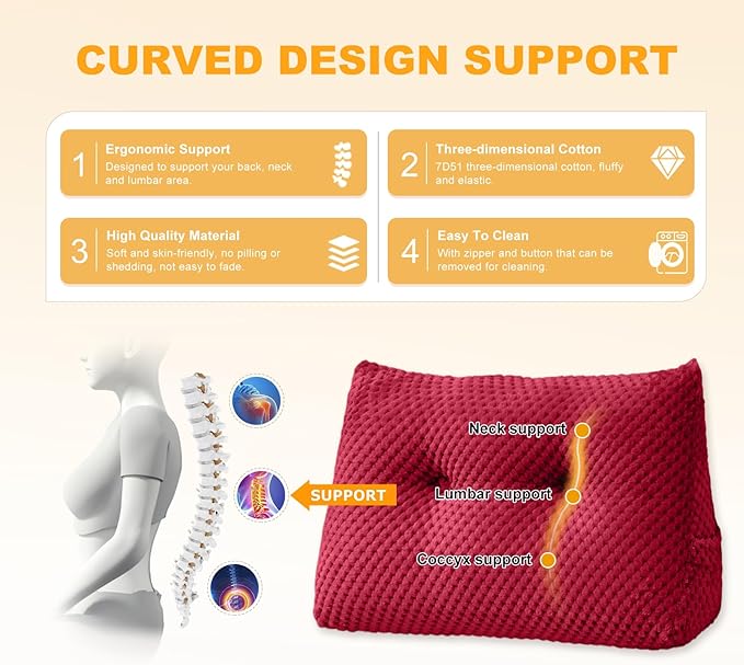 Large Triangular Headboard Wedge Pillow Soft and Supportive Headboard Backrest Positioning Support Bolster Cushion, Bed Wedge Pillow with Removable Cover(Wine Red,Dorm,24x8x20inch)