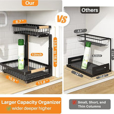 PXRACK 2 Pack Under Sink Organizer,Adjustable Height,2 Tier Pull Out Under Cabinet Organizer,Slide Out Thickened Metal Under Sink Storage for Kitchen Bathroom Laundry Cabinet Pantry,Black(L)