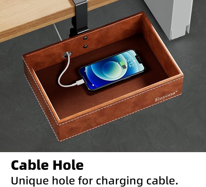 PU Leather Under Desk Drawer Organizer, 360° Rotating Clamp for Stationery, Remote Control, Phone & Pencil Storage, Computer Desk Accessories (Brown)