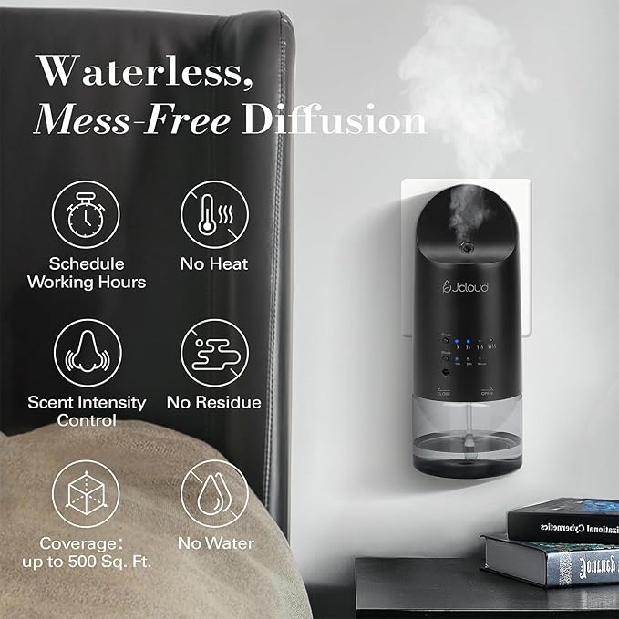 JCLOUD 2025 Plug in Diffuser for Essential Oils, Waterless Scent Diffuser Cover Up to 500 Sq. Ft. for Home, Office, Spa - Portable Wall Aromatherapy Device 160ML, Black