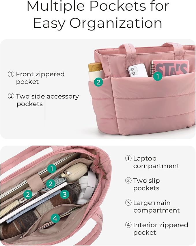 BAGSMART Tote Bag for Women, Lightweight Puffy Tote Bag with Compartments Shoulder Bag Handbag for Travel, Work, Gym