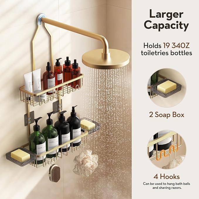 Shower Caddy Hanging, Shower Organizer Hanging, Aluminum Shower Racks for Inside Shower with Hooks for Razor, Never Rust Bathroom Organizers and Storage with Soap Holder, Gold