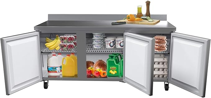 KoolMore 72" Stainless Steel 3 Door Worktop Commercial Refrigerator with 3 1/2 Backsplash - 16.9 cu.ft, Model: RWT-3D-16C