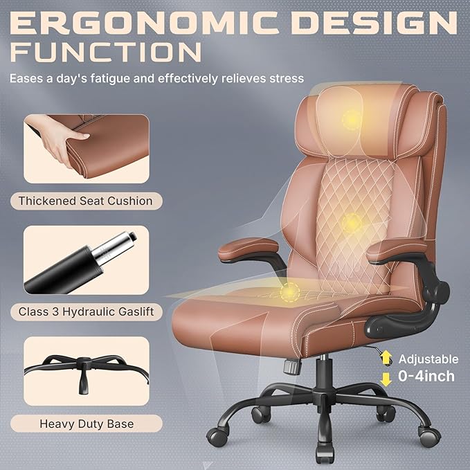 Office Chair, Ergonomic Big and Tall Executive Desk Chair, Breathable Leather Chair with Adjustable Flip-up Armrests, Lumbar Support Swivel Computer Chair with Rocking Function (Brown)