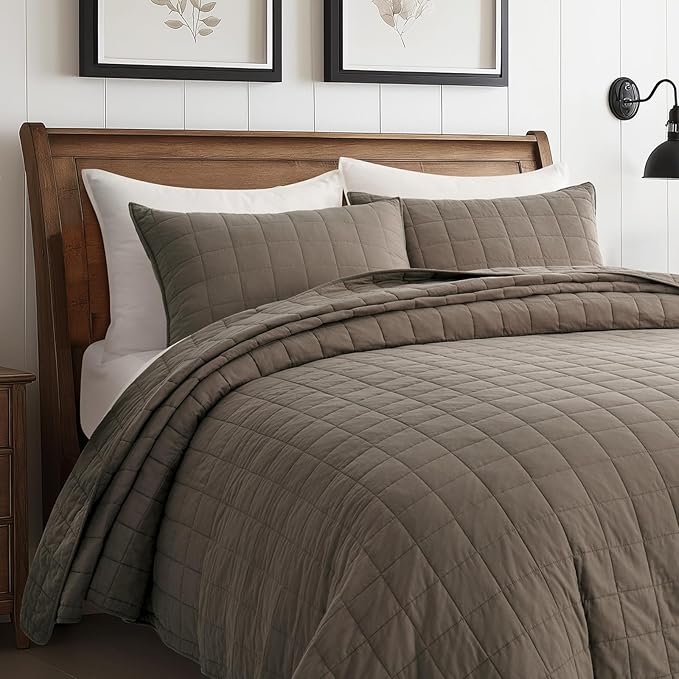 EVERGRACEHOME 100% Cotton Box Stitch Quilt Bedding Set Queen Size 3 Pieces, Garment-Washed Lightweight Soft Cozy Coverlet, Quilted Bedspread Sets with 2 Shams for All Season, Mocha Brown
