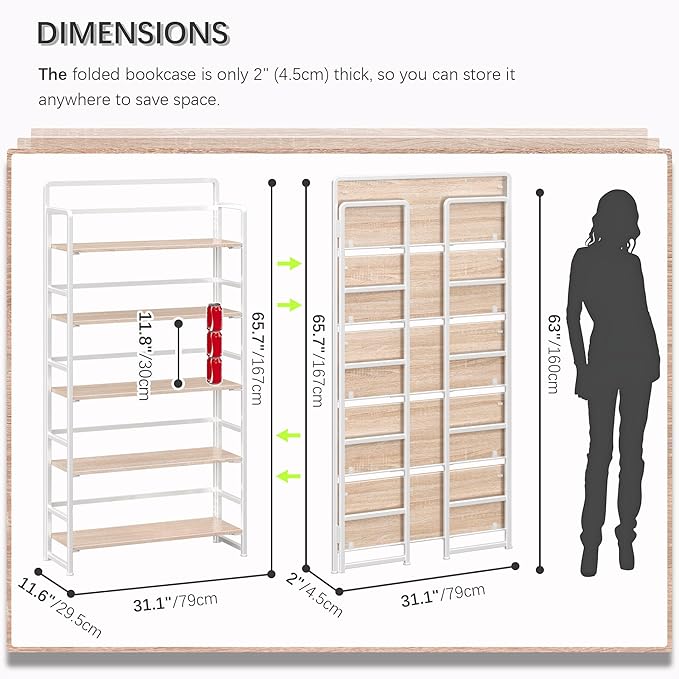 4NM No Assembly Extra Wide 5 Tiers Folding Bookshelf Storage Shelves Vintage Bookcase Standing Racks Study Organizer Home Office (Natural White)
