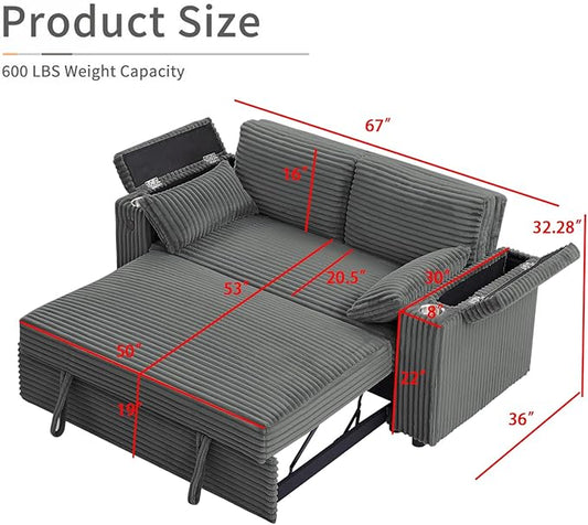 68.11" Corduroy Sleeper Chair Bed with USB Port, Cup Holders & Side Storage Pockets – 3-in-1 Foldable Sofa Bed for Guest Room, Living Room (ZY-1110-Dark Gray)