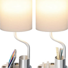 Grey Bedside Table Lamps for Bedroom Set of 2 - Nightstand Light with AC Outlet and USB A & C for Charging, 3 Color Temperatures Desk Lamp with Pen Holder & Phone Stand for Living Room/Dorm/Office