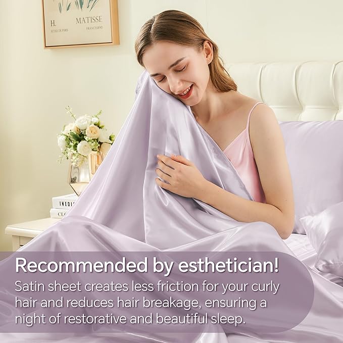 BEDELITE King Size Sheets Set, Luxury Soft Lavender Satin Sheets for Hair and Skin, Similar to Silk Bed Sheets Set 4 Pieces with 1 Deep Pocket Fitted Sheet, 1 Flat Sheet, and 2 Pillowcases