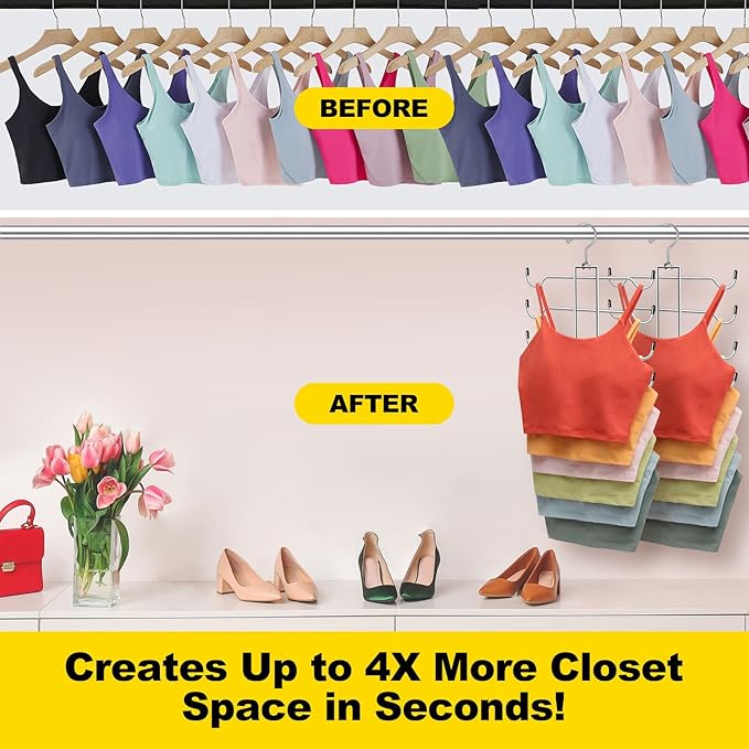 Tank Top Hanger, 6 Tier Space Saving Bra Hangers, Closet Organizers and Storage, Dorm Room Essentials for Girls, Organization for Camisoles Sports Bras Strappy Dress Swimsuits Ties, 2 Pack