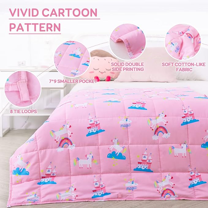 Kivik 5lbs Weighted Blanket, Breathable Small Heavy Throw Blankets, Sleeping & Calming for Bed Couch Home School, Machine Washable, Cooling Soft Microfiber, 36x48 Inches, Pink Unicorn